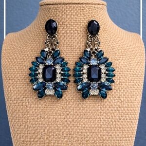 Blue Teal Crystal Statement Drop Earrings | Glam Vintage Style